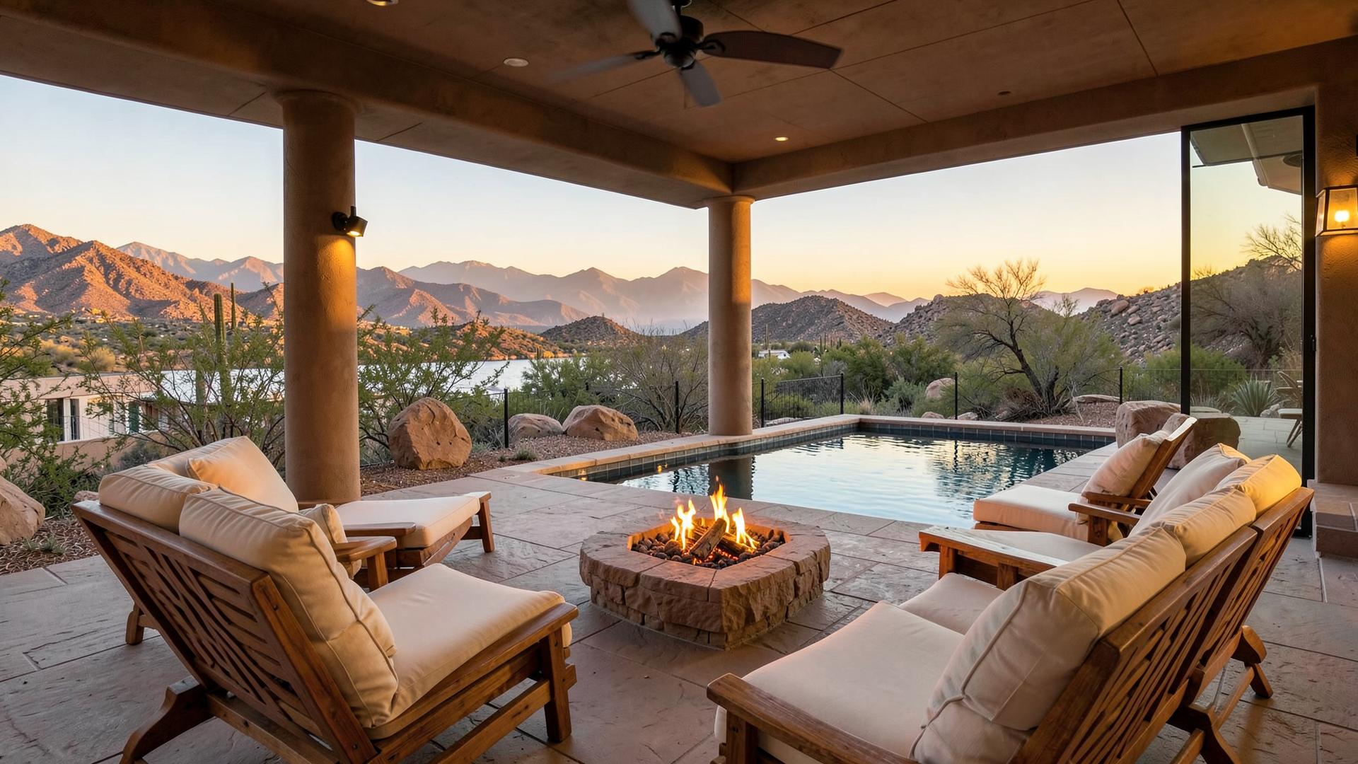 Covered patio and pool outdoor living space overlooking Lake Havasu